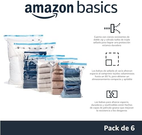Amazon Basics Paquete De 6 Bolsas De Vacío Para Almacenamiento De Ropa, Incluyen Bomba Manual De Vacío, Con Cremallera, Tamaño Extragrande,Jumbo, Transparente