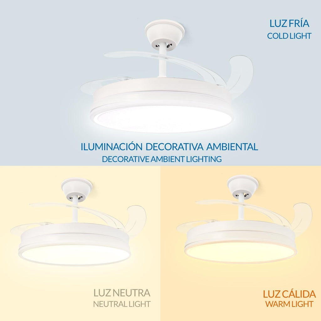 LEDUNI Ventilador de Techo LED Retráctil - 66W, Luz Regulable 2880LM, Control Remoto y Función Verano/Invierno, Diseño Moderno en Blanco Nieve