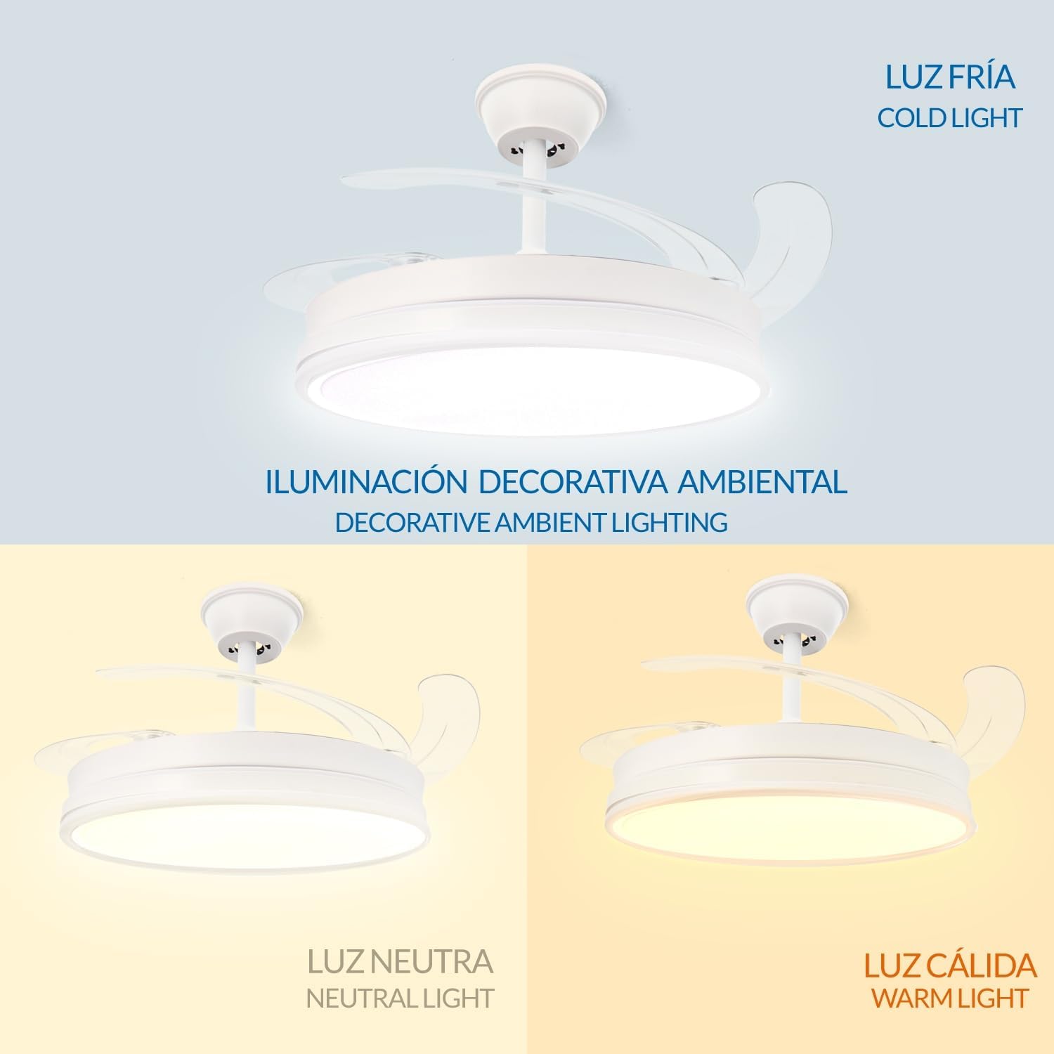 LEDUNI Ventilador de Techo LED Retráctil - 66W, Luz Regulable 2880LM, Control Remoto y Función Verano/Invierno, Diseño Moderno en Blanco Nieve