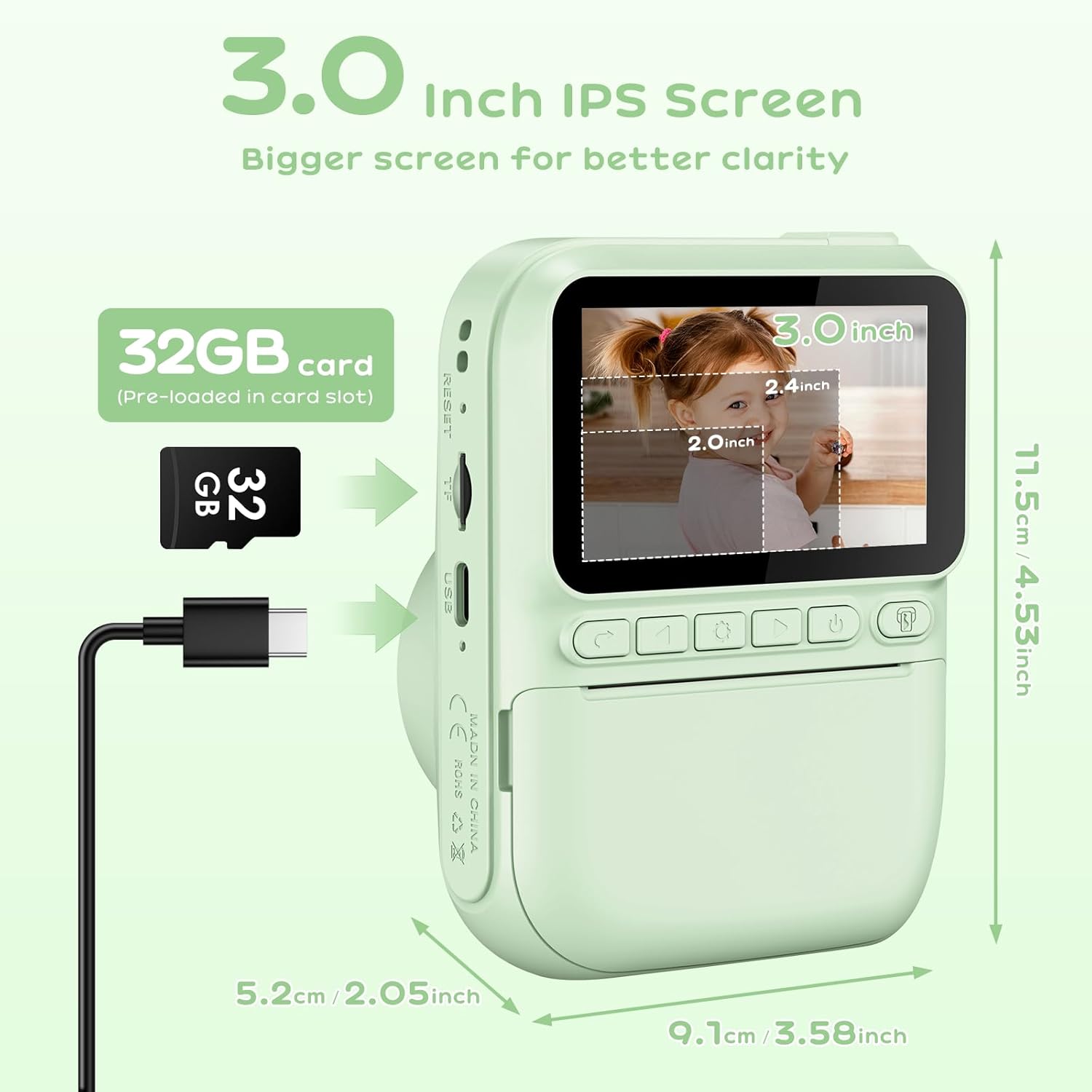 GREENKINDER Camara Fotos Infantil Instantanea,3,0 Pulgadas 14MP Camara Fotos Infantil Con Tarjeta De 32 GB Y Papel De Impresión,Hd 1080P Cámara Instantánea,Regalo De Cumpleaños Para Niños 3 a 12 Años