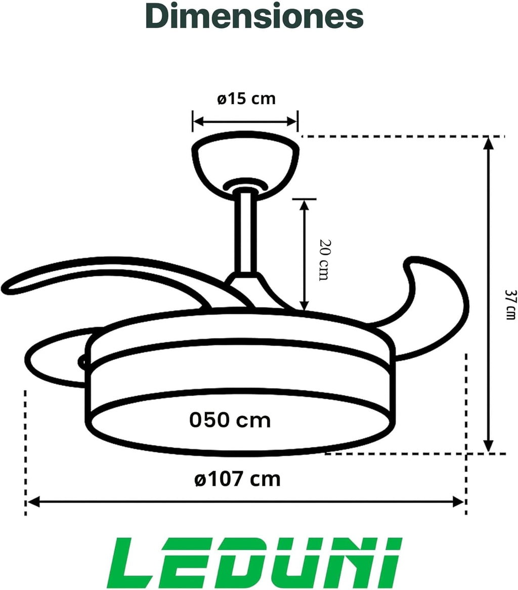 LEDUNI Ventilador de Techo LED Retráctil - 66W, Luz Regulable 2880LM, Control Remoto y Función Verano/Invierno, Diseño Moderno en Blanco Nieve