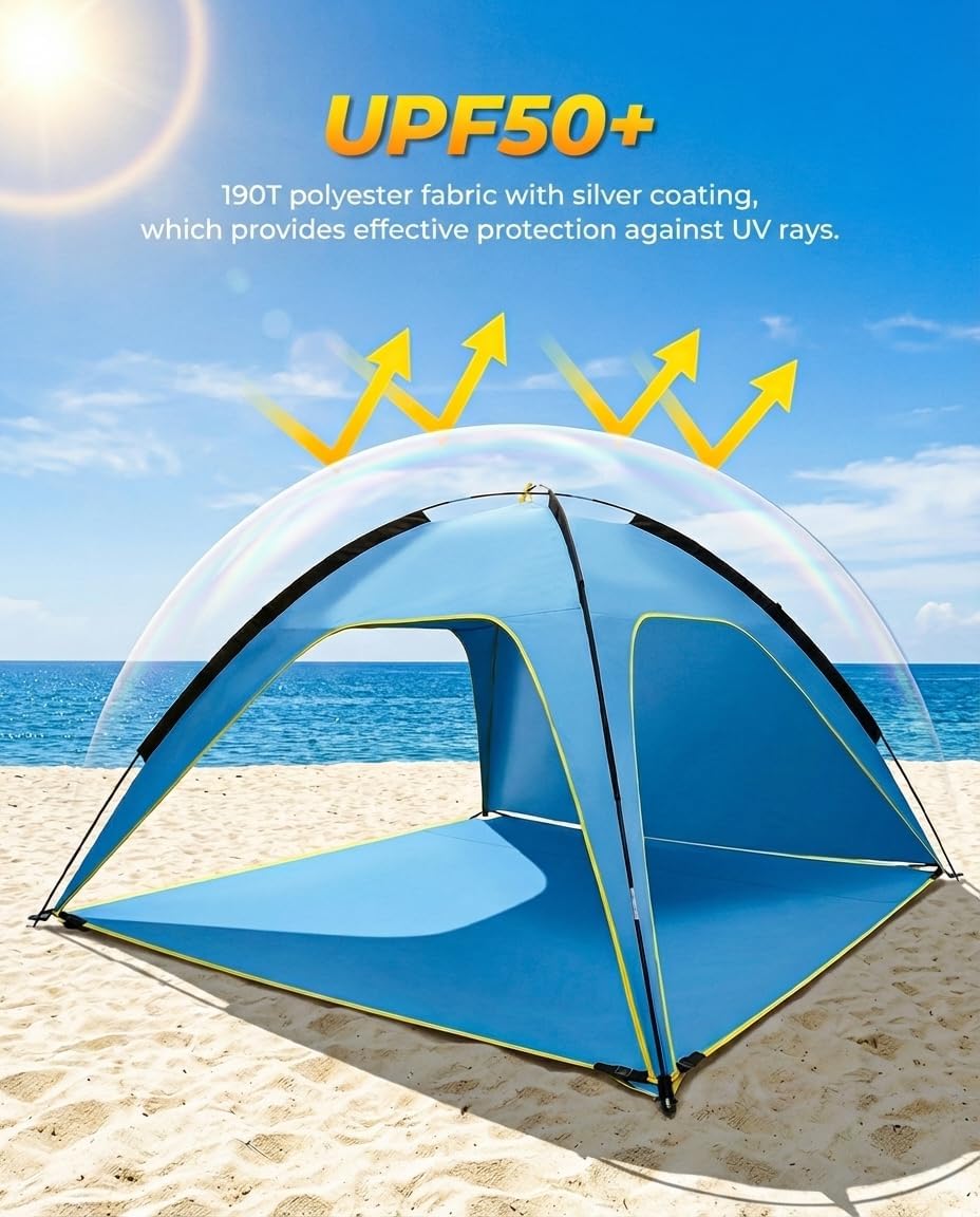 MYMULIKE Tienda De Campaña De Playa UV50+ Con Protección Solar, 210 X 210 X 130 Cm, 4 – 6 Personas, Poliéster 190T Con Varillas De Fibra De Vidrio De 8 Mm, Portátil, Con Sacos De Arena/Clavos Para