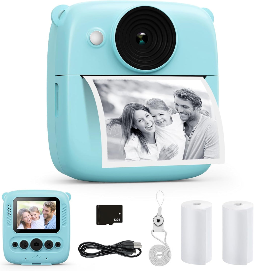 Camara Fotos Infantil Instantanea, 2,0 Pulgada 1080P Cámara De Fotos Instantánea Con Tarjeta De 32 GB Y Papel Fotográfico, Regalos Para Niños Y Niñas De 3 4 5 6 7 8 9 10 Años (Azul)
