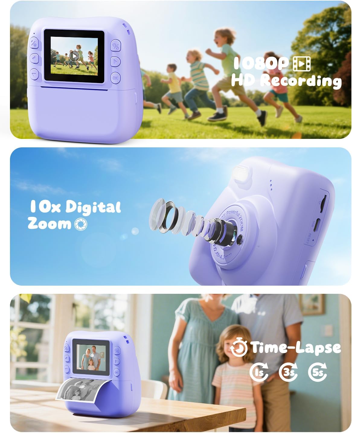 Camara Fotos Infantil Instantanea, HD 1080P Cámara De Fotos Instantánea Con Tarjeta De 32G Y 3 Rollos Papel De Impresión, Regalo Para Niñas Y Niños De 3 a 12 Años