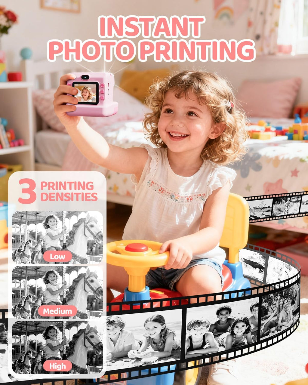 Camara Fotos Infantil Instantanea, HD 1080P Cámara Instantánea Para Niños Con Tarjeta De 32G Y 3 Rollos De Papel, Lentes Dobles, Regalo Para Niños Y Niñas De 3 a 12 Años