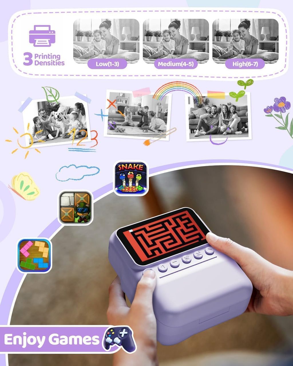 TIATUA Camara Fotos Infantil Instantanea, 3,0'' HD 48 MP Cámara Instantánea Para Niños Con Tarjeta De 32 GB Y 3 Rollos De Papel, Regalo Para Niños Y Niñas De 3 a 12 Años (Morado)
