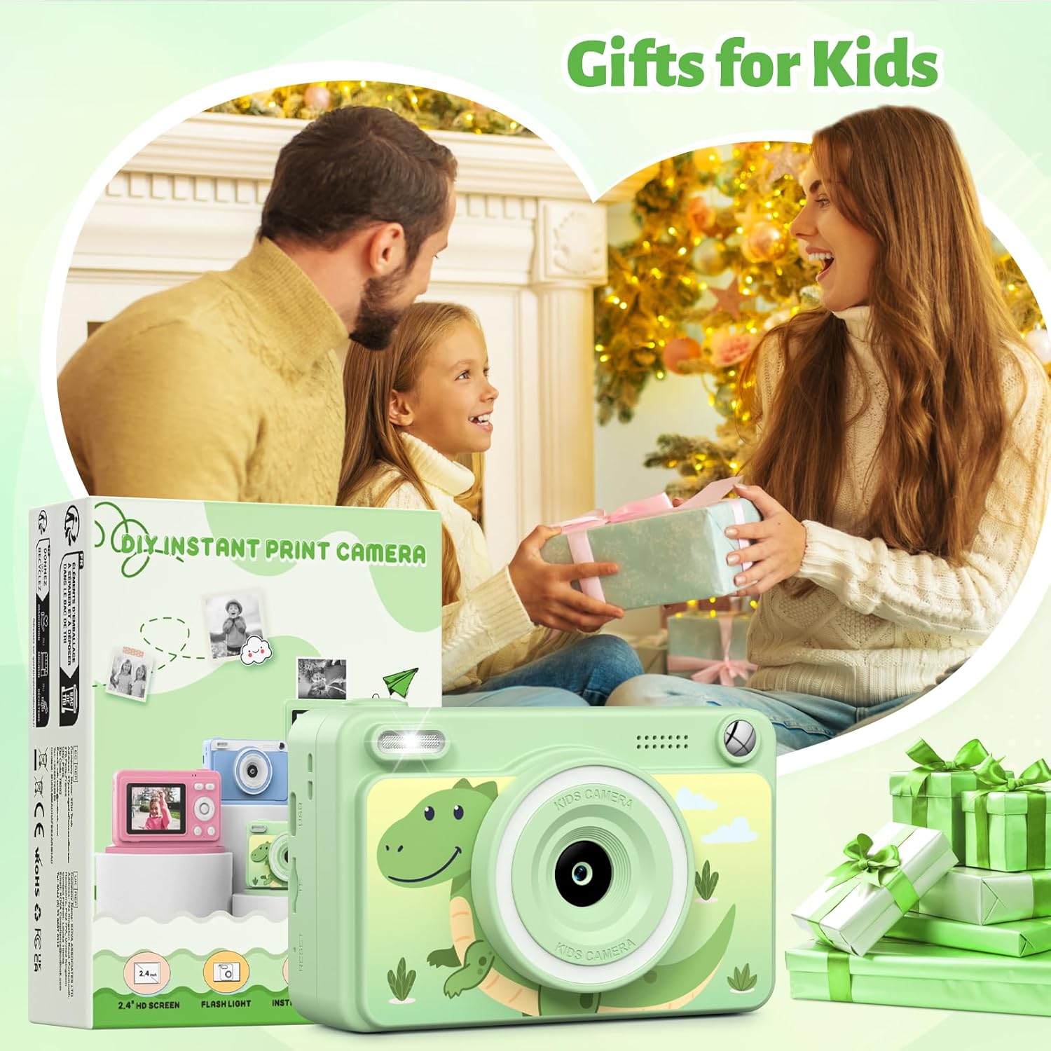 GREENKINDER Camara Fotos Infantil Instantanea,Hd/1080P Cámara Instantánea Para Niños Con Tarjeta De 32GB Y 5 Rollos De Papel Térmico,Camara Fotos Infantil Regalos De Juguete Para Niños De 3 a 12