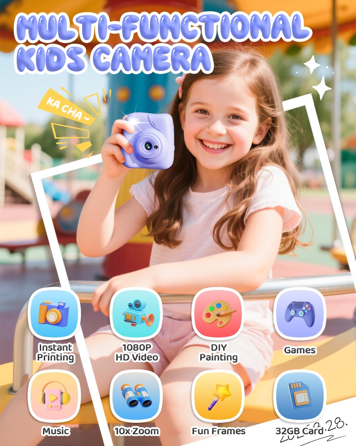 Camara Fotos Infantil Instantanea, HD 1080P Cámara De Fotos Instantánea Con Tarjeta De 32G Y 3 Rollos Papel De Impresión, Regalo Para Niñas Y Niños De 3 a 12 Años