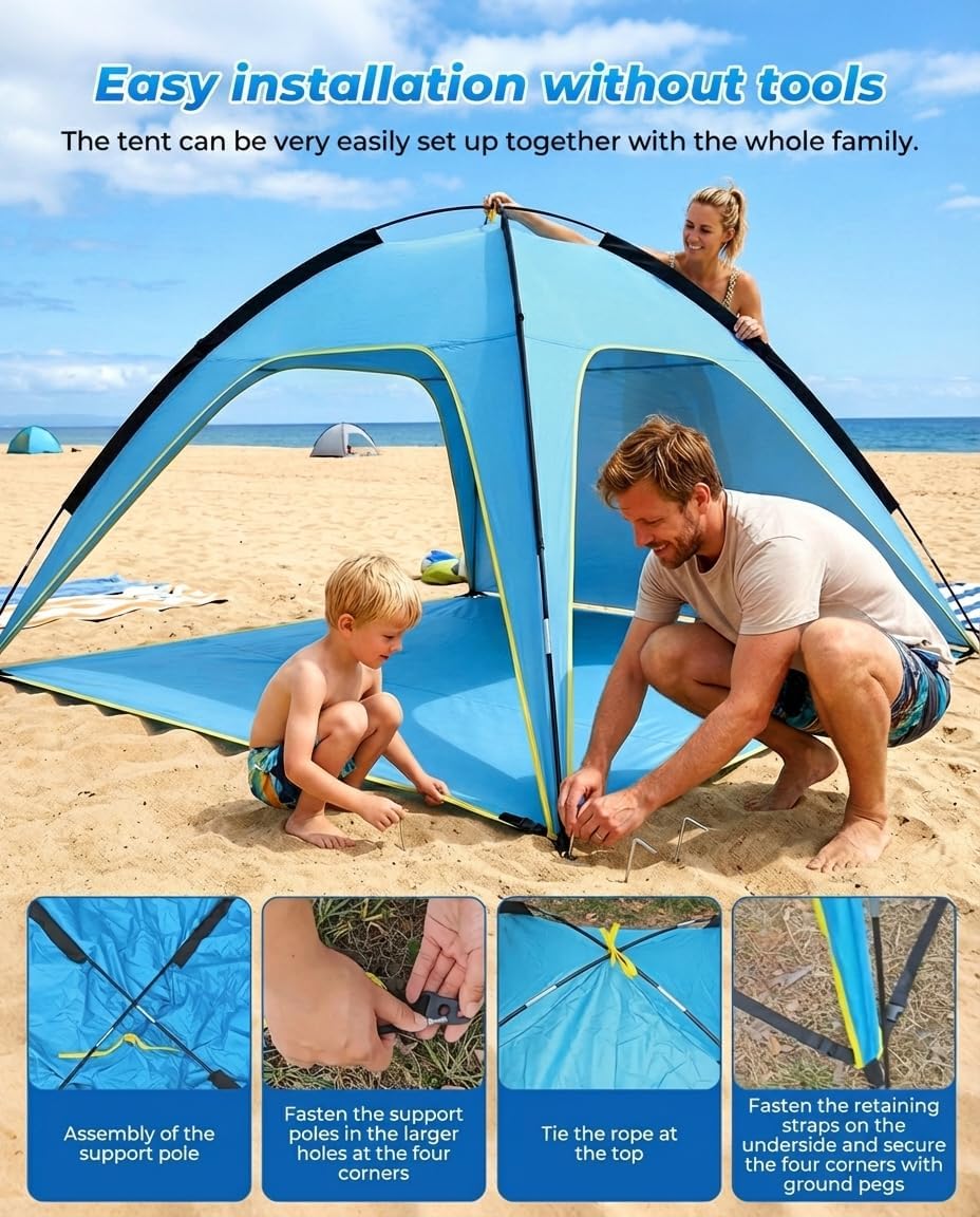 MYMULIKE Tienda De Campaña De Playa UV50+ Con Protección Solar, 210 X 210 X 130 Cm, 4 – 6 Personas, Poliéster 190T Con Varillas De Fibra De Vidrio De 8 Mm, Portátil, Con Sacos De Arena/Clavos Para