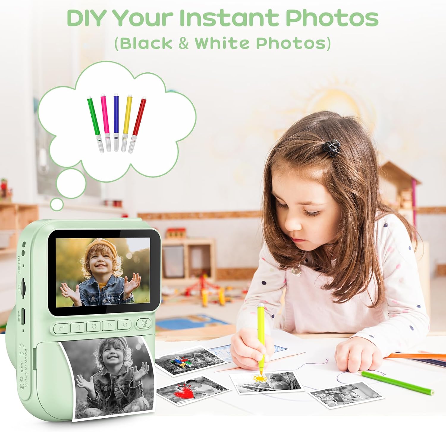 GREENKINDER Camara Fotos Infantil Instantanea,3,0 Pulgadas 14MP Camara Fotos Infantil Con Tarjeta De 32 GB Y Papel De Impresión,Hd 1080P Cámara Instantánea,Regalo De Cumpleaños Para Niños 3 a 12 Años