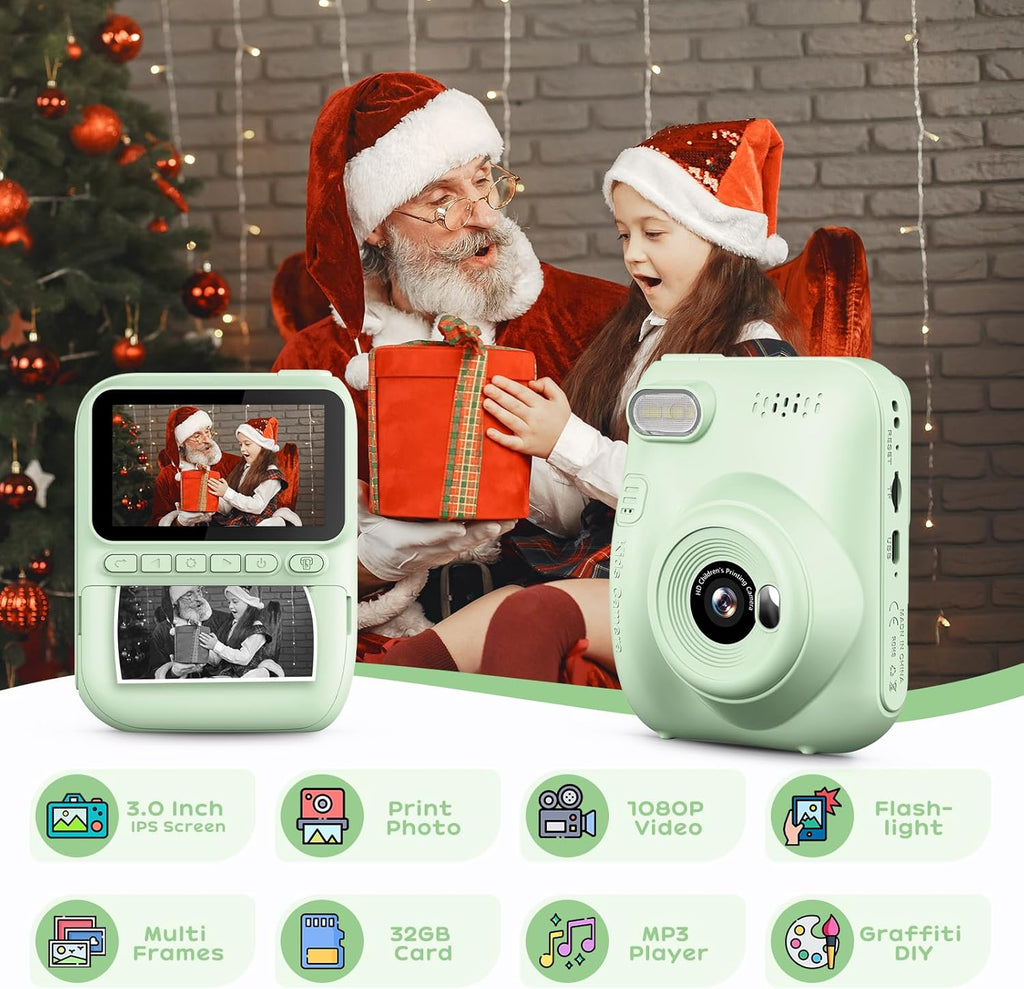 GREENKINDER Camara Fotos Infantil Instantanea,3,0 Pulgadas 14MP Camara Fotos Infantil Con Tarjeta De 32 GB Y Papel De Impresión,Hd 1080P Cámara Instantánea,Regalo De Cumpleaños Para Niños 3 a 12 Años