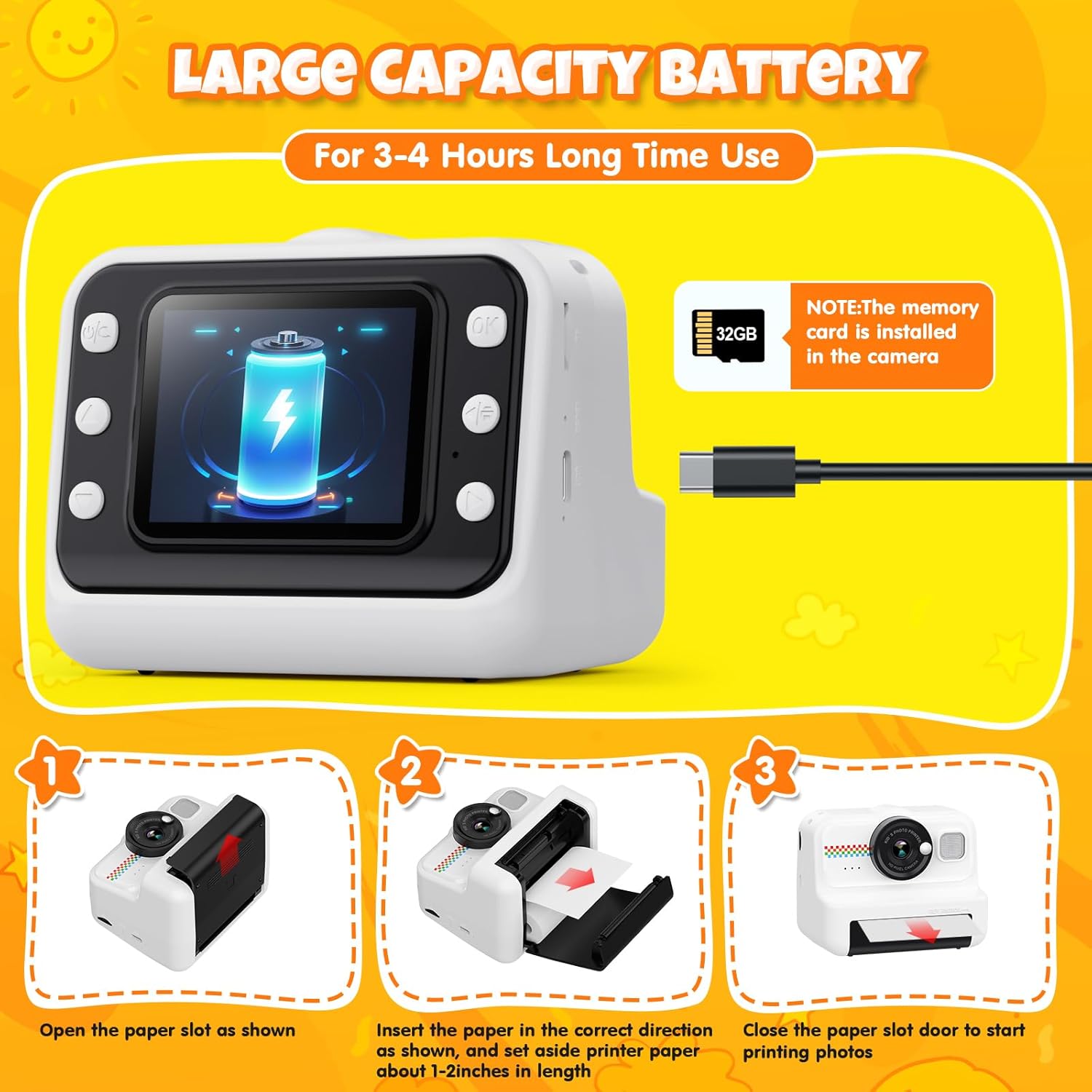 Camara Fotos Infantil Instantanea, HD/1080P Cámara Instantánea Para Niños Con Tarjeta De 32G Y Papel De Impresión, Camara Fotos Infantil Divertidos Regalos De Juguete Para Niños De 3 a 12 Años