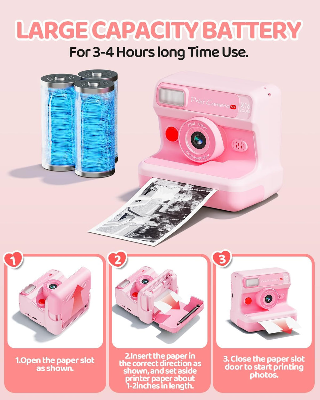 Camara Fotos Infantil Instantanea, HD 1080P Cámara Instantánea Para Niños Con Tarjeta De 32G Y 3 Rollos De Papel, Lentes Dobles, Regalo Para Niños Y Niñas De 3 a 12 Años