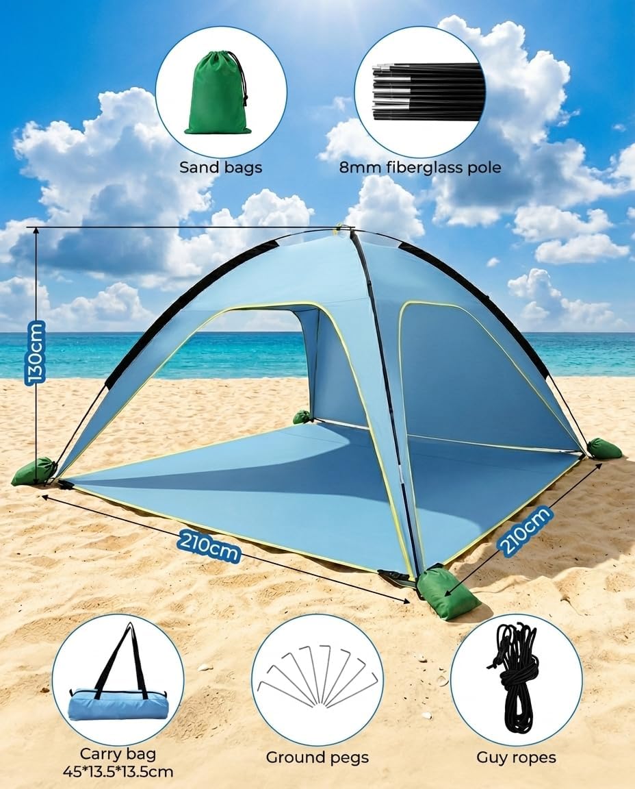 MYMULIKE Tienda De Campaña De Playa UV50+ Con Protección Solar, 210 X 210 X 130 Cm, 4 – 6 Personas, Poliéster 190T Con Varillas De Fibra De Vidrio De 8 Mm, Portátil, Con Sacos De Arena/Clavos Para