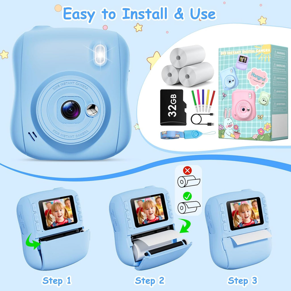 Hangrui Camara Fotos Infantil Instantanea, 1080P Camara Fotos Infantil, Cámara Instantánea Para Niños Con Tarjeta De 32Gb,Papel De Impresión Y Bolígrafos De Colores, Regalos Juguete-Azul