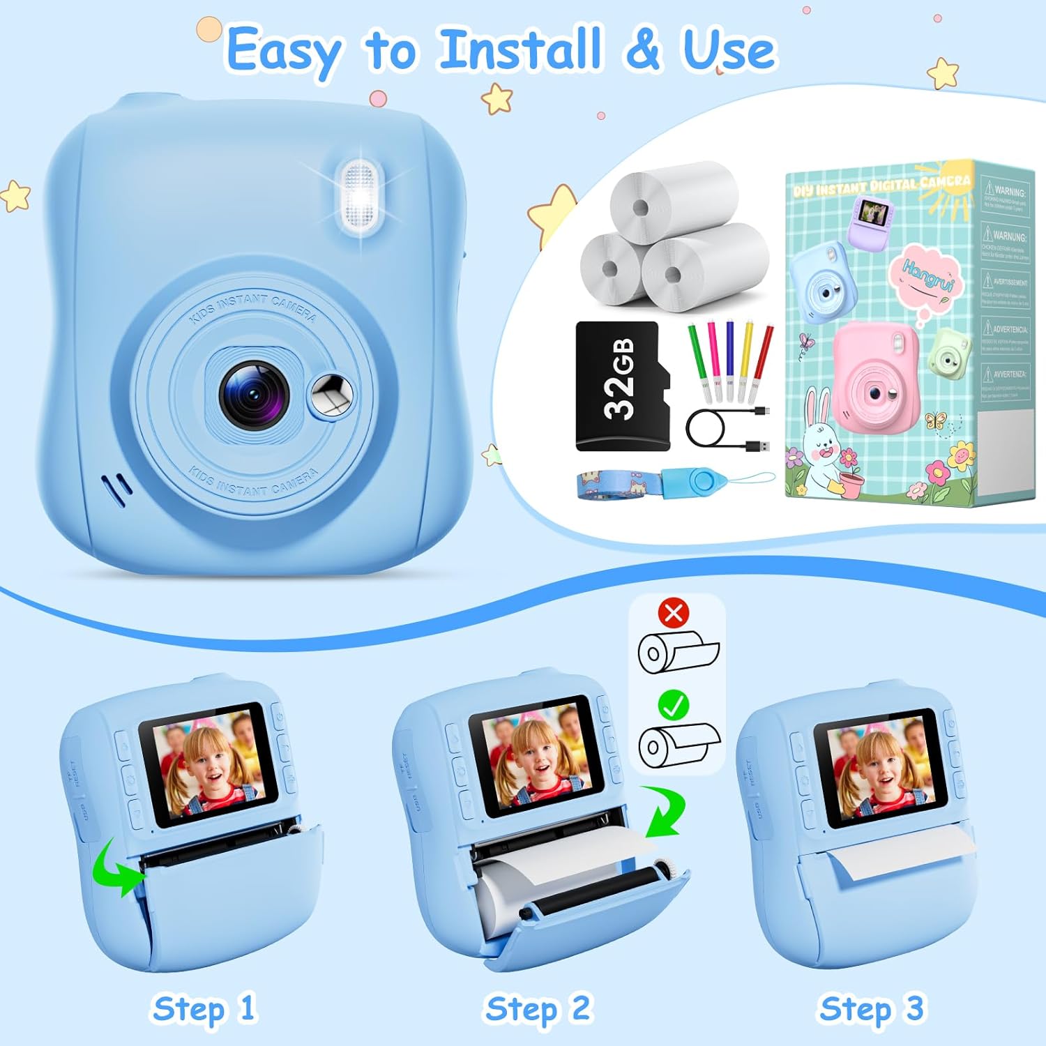 Hangrui Camara Fotos Infantil Instantanea, 1080P Camara Fotos Infantil, Cámara Instantánea Para Niños Con Tarjeta De 32Gb,Papel De Impresión Y Bolígrafos De Colores, Regalos Juguete-Azul