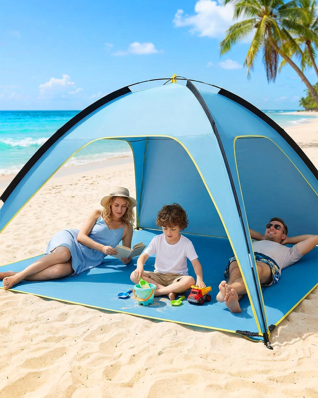 MYMULIKE Tienda De Campaña De Playa UV50+ Con Protección Solar, 210 X 210 X 130 Cm, 4 – 6 Personas, Poliéster 190T Con Varillas De Fibra De Vidrio De 8 Mm, Portátil, Con Sacos De Arena/Clavos Para