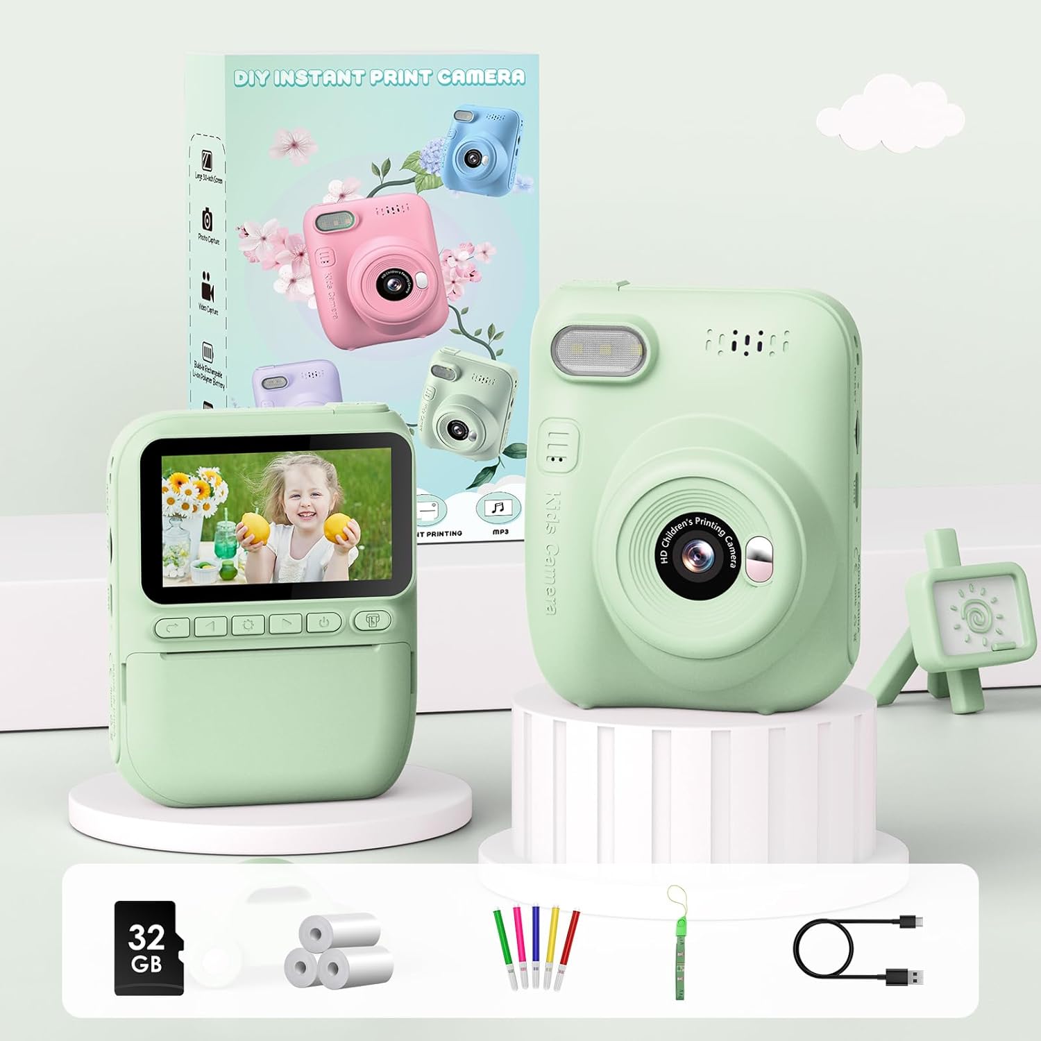 GREENKINDER Camara Fotos Infantil Instantanea,3,0 Pulgadas 14MP Camara Fotos Infantil Con Tarjeta De 32 GB Y Papel De Impresión,Hd 1080P Cámara Instantánea,Regalo De Cumpleaños Para Niños 3 a 12 Años