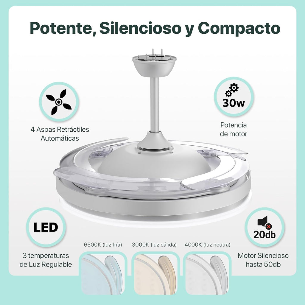 LEDUNI Ventilador de Techo LED Retráctil - 66W, Luz Regulable 2880LM, Control Remoto y Función Verano/Invierno, Diseño Moderno en Blanco Nieve