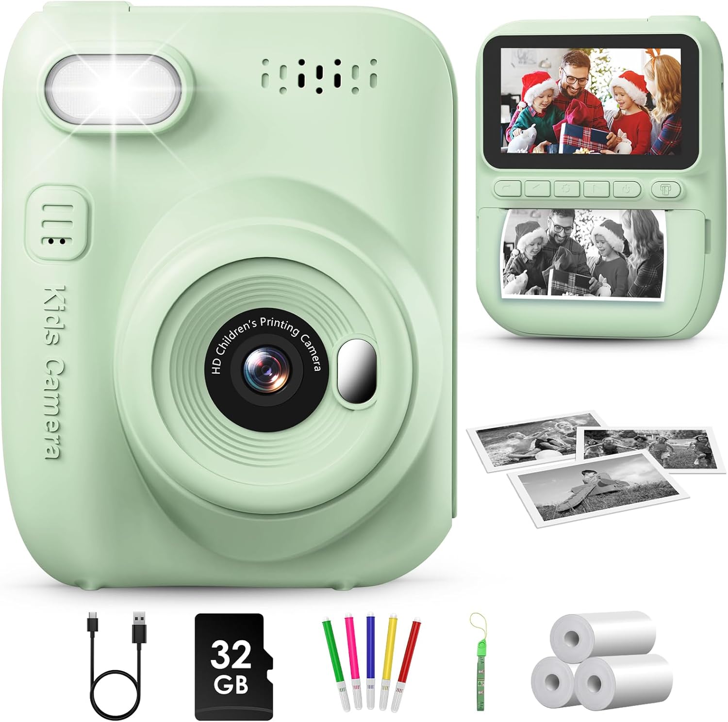 GREENKINDER Camara Fotos Infantil Instantanea,3,0 Pulgadas 14MP Camara Fotos Infantil Con Tarjeta De 32 GB Y Papel De Impresión,Hd 1080P Cámara Instantánea,Regalo De Cumpleaños Para Niños 3 a 12 Años