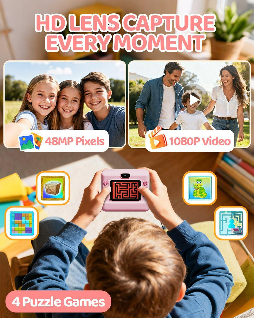 Camara Fotos Infantil Instantanea, HD 1080P Cámara Instantánea Para Niños Con Tarjeta De 32G Y 3 Rollos De Papel, Lentes Dobles, Regalo Para Niños Y Niñas De 3 a 12 Años