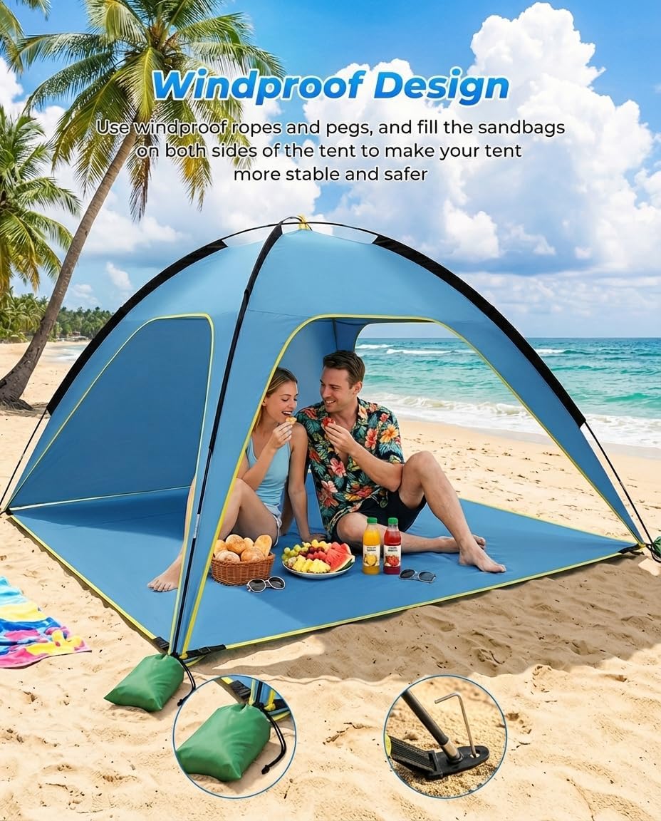 MYMULIKE Tienda De Campaña De Playa UV50+ Con Protección Solar, 210 X 210 X 130 Cm, 4 – 6 Personas, Poliéster 190T Con Varillas De Fibra De Vidrio De 8 Mm, Portátil, Con Sacos De Arena/Clavos Para