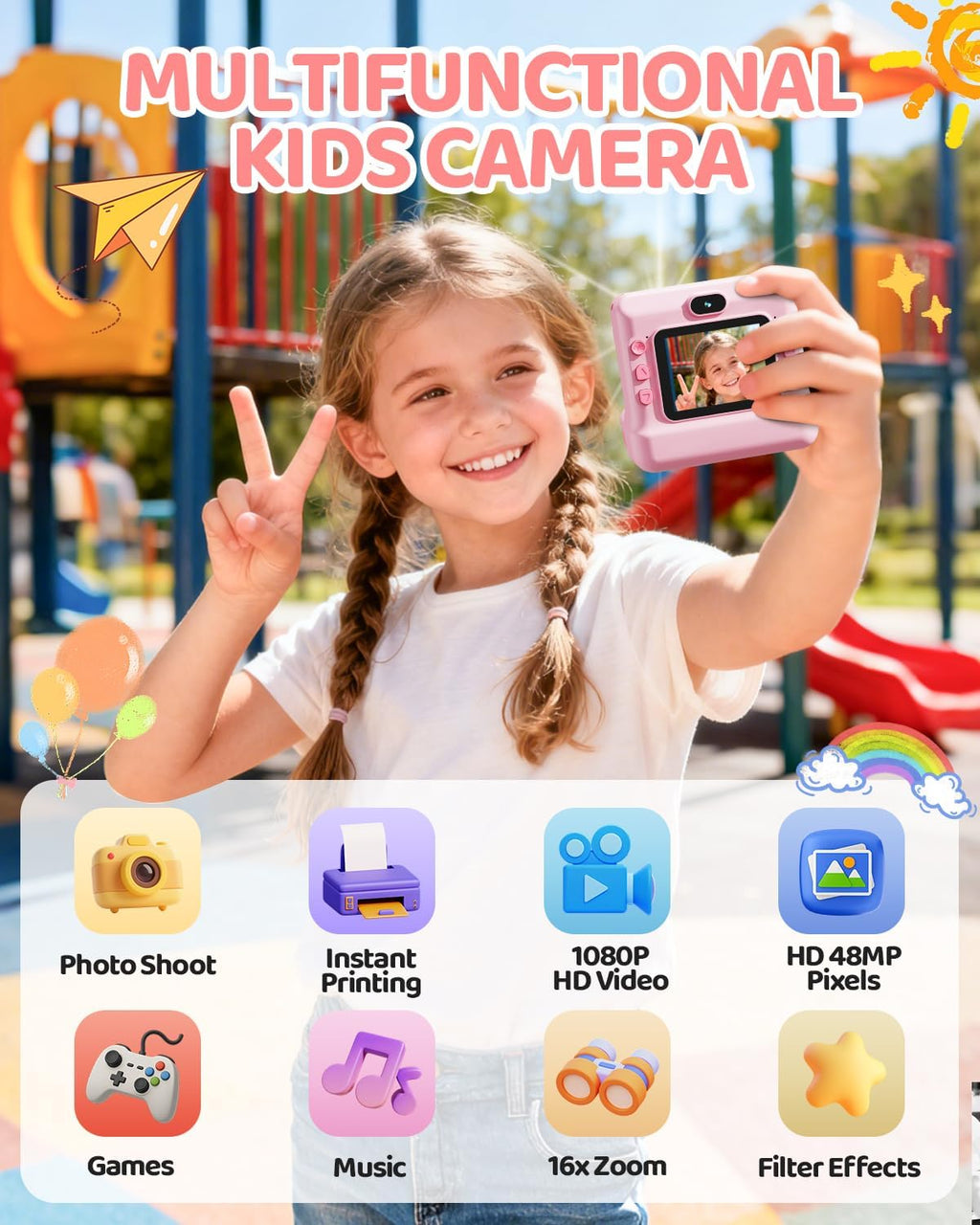 Camara Fotos Infantil Instantanea, HD 1080P Cámara Instantánea Para Niños Con Tarjeta De 32G Y 3 Rollos De Papel, Lentes Dobles, Regalo Para Niños Y Niñas De 3 a 12 Años