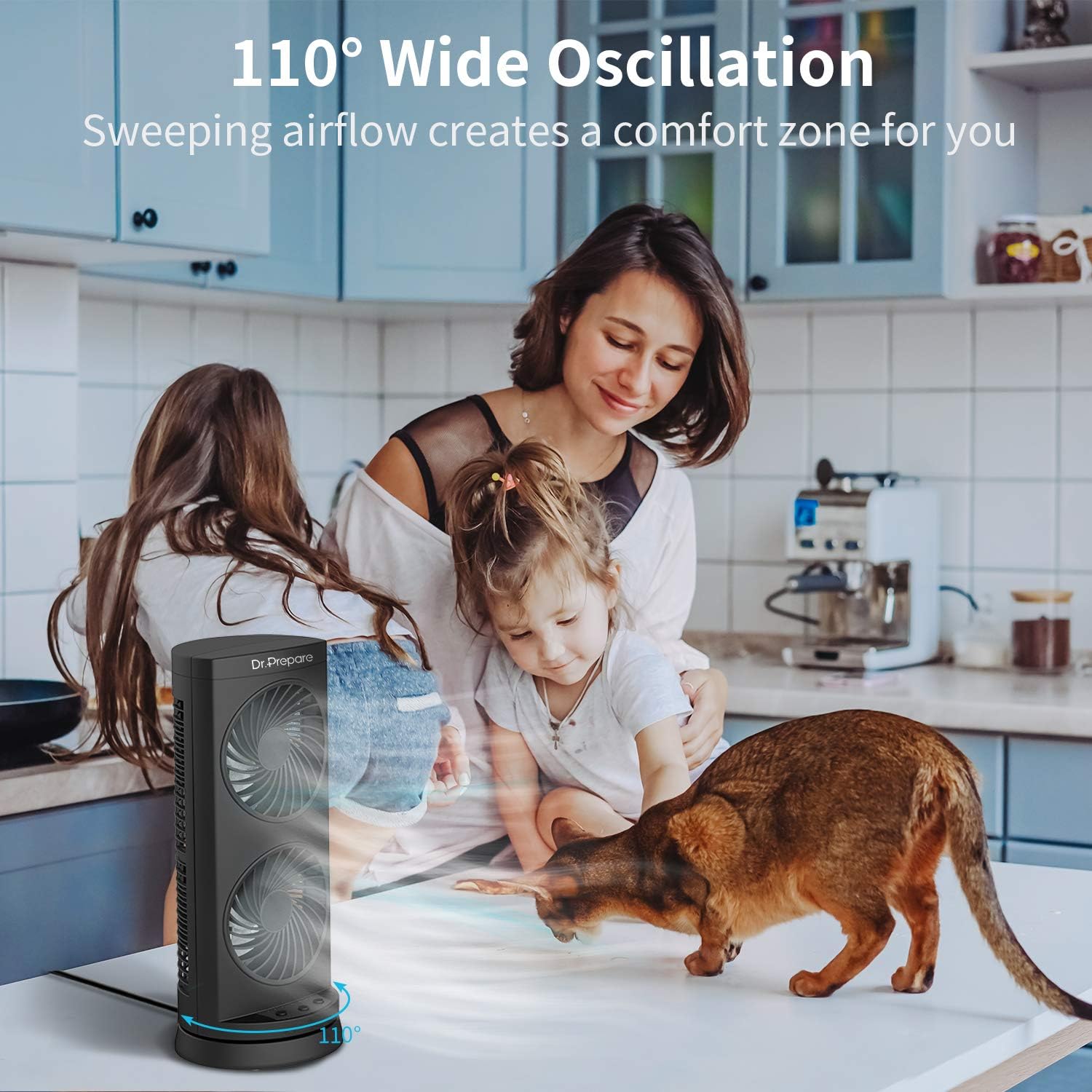 DR.PREPARE Ventilador De Mesa Doble De 33Cm Oscilación 110° Ventilador Silencioso 3 Velocidades Temporizador 2/4/8H Ventilador De Torre Compacto Para Hogar, Oficina, Dormitorio