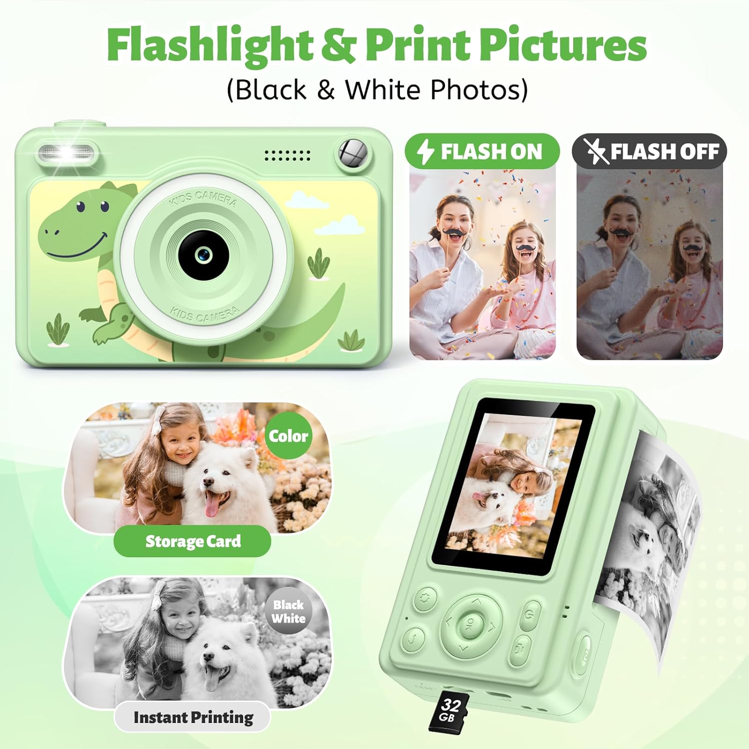 GREENKINDER Camara Fotos Infantil Instantanea,Hd/1080P Cámara Instantánea Para Niños Con Tarjeta De 32GB Y 5 Rollos De Papel Térmico,Camara Fotos Infantil Regalos De Juguete Para Niños De 3 a 12