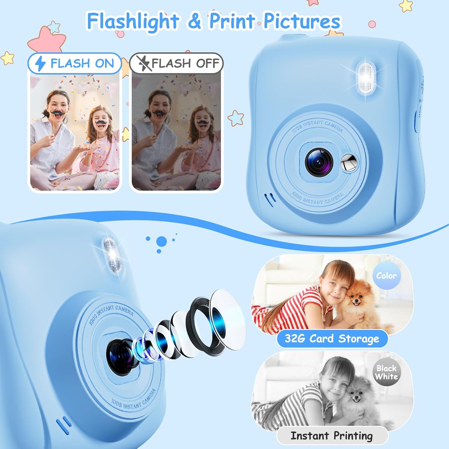 Hangrui Camara Fotos Infantil Instantanea, 1080P Camara Fotos Infantil, Cámara Instantánea Para Niños Con Tarjeta De 32Gb,Papel De Impresión Y Bolígrafos De Colores, Regalos Juguete-Azul