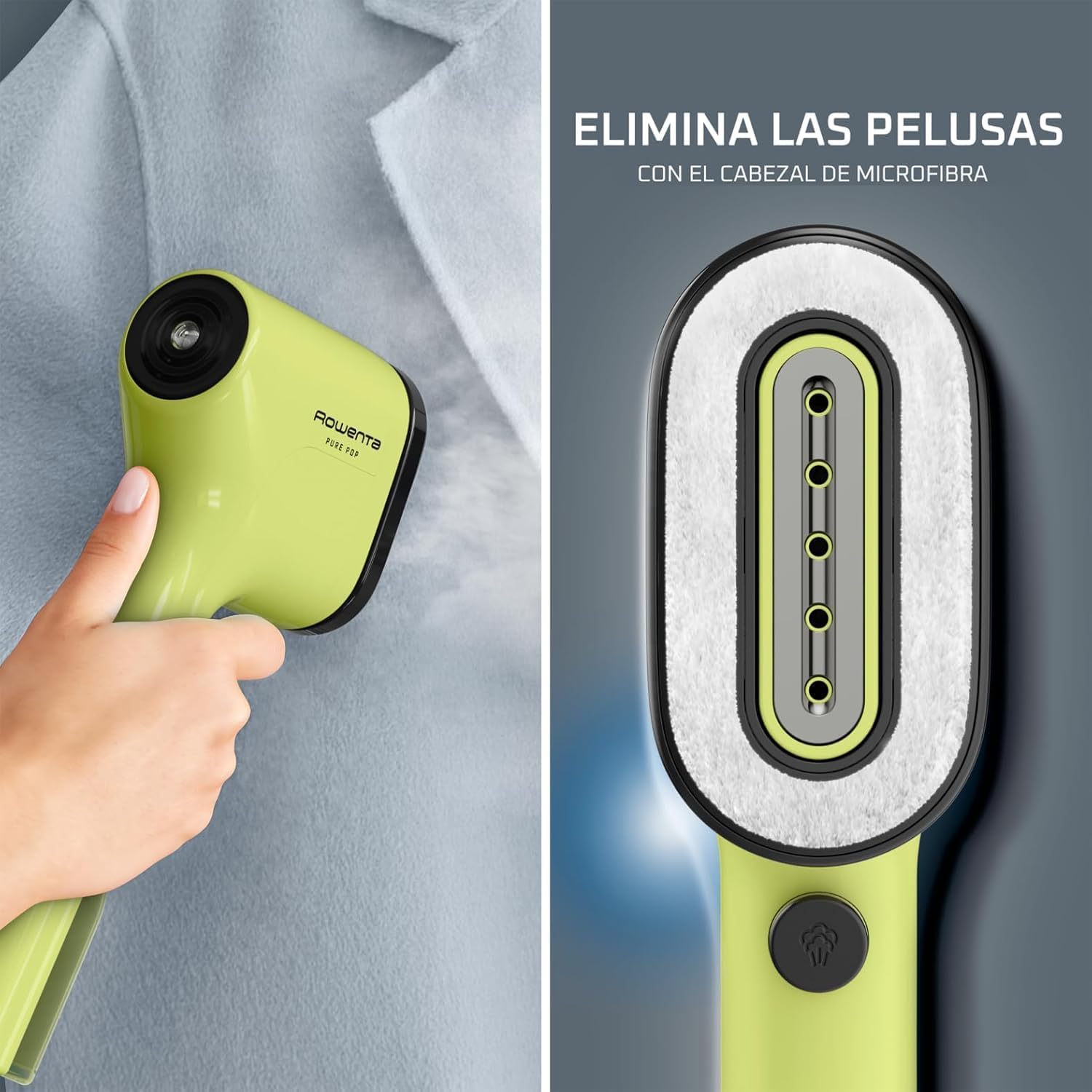 Rowenta Pure Pop - Plancha De Vapor Vertical De 1300 W Con Salida De Vapor De Hasta 20 Gr/Min Que Plancha Y Purifica, Elimina Pelusas Y Pelo, Cabezales Reversibles, Diseño Para Viaje, Lima DR2025F0