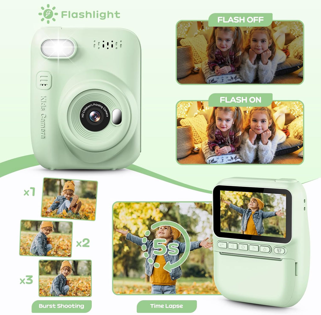 GREENKINDER Camara Fotos Infantil Instantanea,3,0 Pulgadas 14MP Camara Fotos Infantil Con Tarjeta De 32 GB Y Papel De Impresión,Hd 1080P Cámara Instantánea,Regalo De Cumpleaños Para Niños 3 a 12 Años