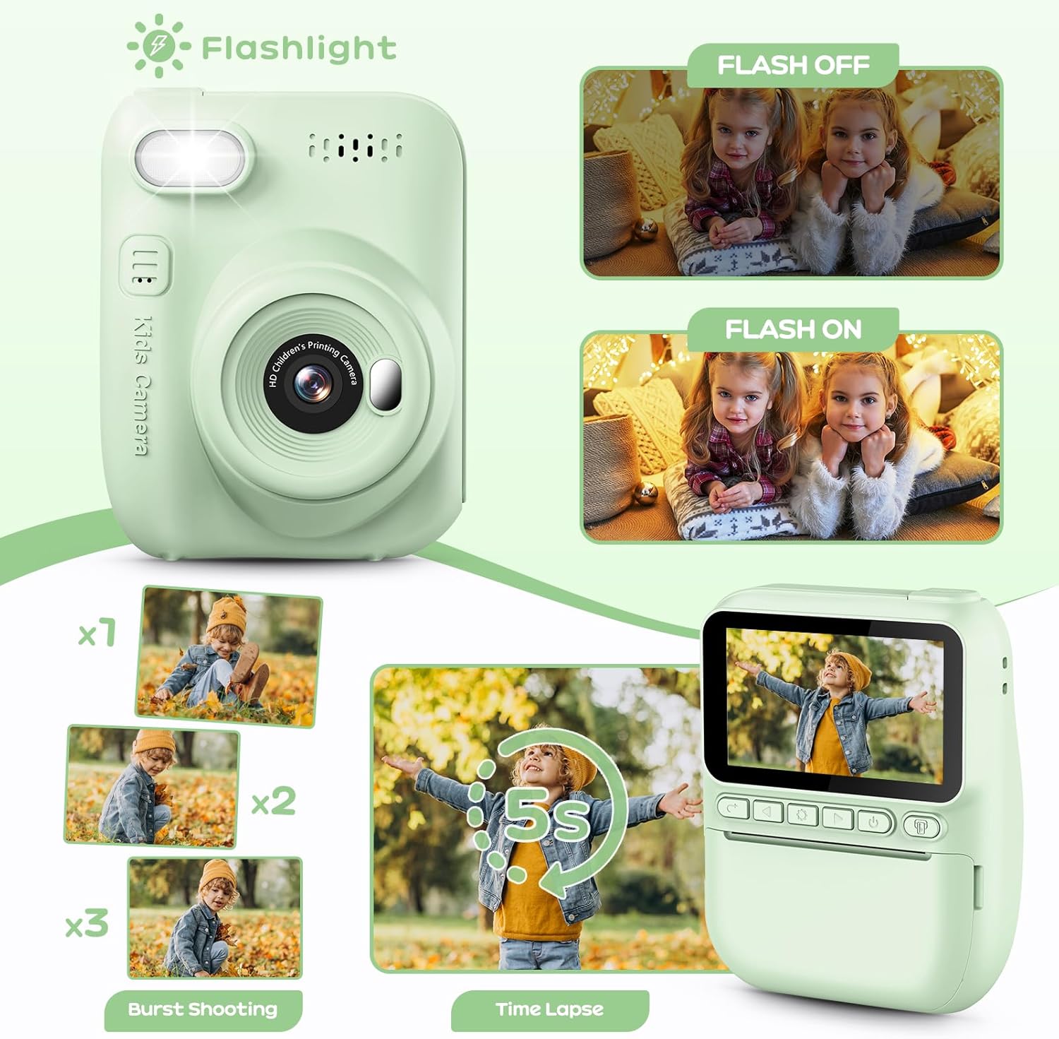 GREENKINDER Camara Fotos Infantil Instantanea,3,0 Pulgadas 14MP Camara Fotos Infantil Con Tarjeta De 32 GB Y Papel De Impresión,Hd 1080P Cámara Instantánea,Regalo De Cumpleaños Para Niños 3 a 12 Años