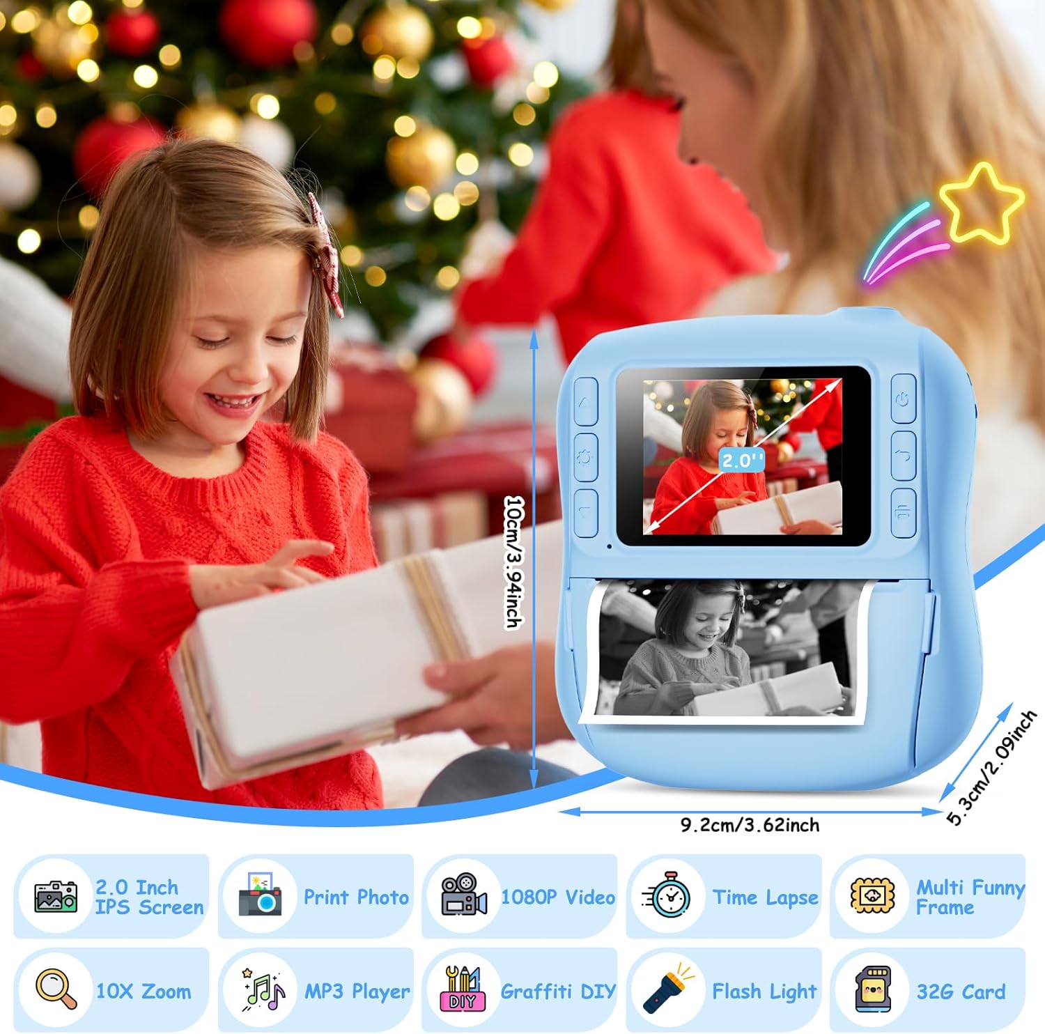 Hangrui Camara Fotos Infantil Instantanea, 1080P Camara Fotos Infantil, Cámara Instantánea Para Niños Con Tarjeta De 32Gb,Papel De Impresión Y Bolígrafos De Colores, Regalos Juguete-Azul