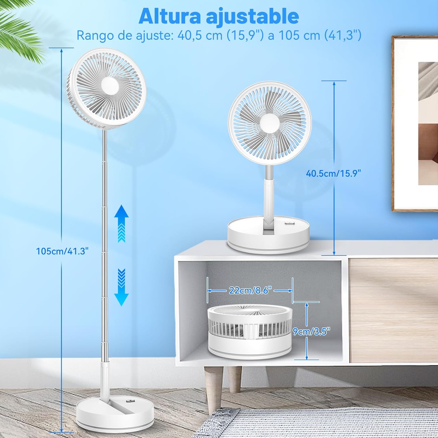 Ventilador De Pie Portátil Plegable Oscilante - 8.6" 8000Mah Bateria Recargable USB C Pequeño Mesa Ventiladores Con Control Remoto, Ventoinha Pedestal Silencioso Para Hogar Dormir Oficina Viaje