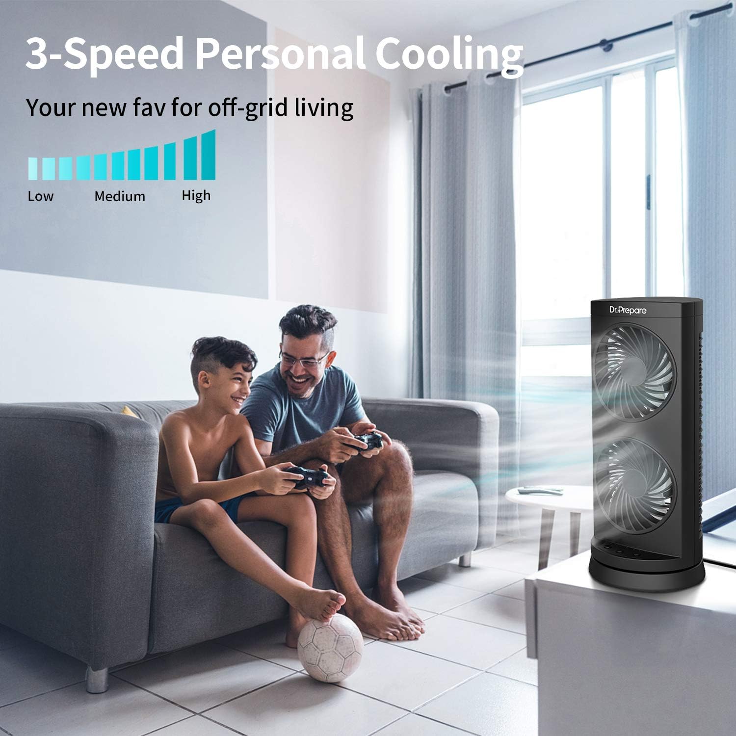 DR.PREPARE Ventilador De Mesa Doble De 33Cm Oscilación 110° Ventilador Silencioso 3 Velocidades Temporizador 2/4/8H Ventilador De Torre Compacto Para Hogar, Oficina, Dormitorio