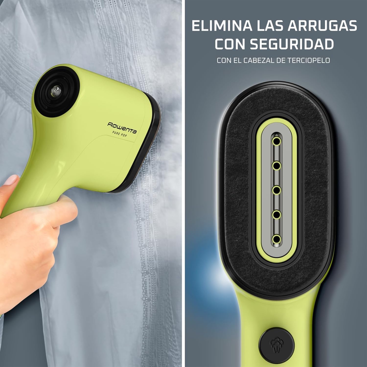 Rowenta Pure Pop - Plancha De Vapor Vertical De 1300 W Con Salida De Vapor De Hasta 20 Gr/Min Que Plancha Y Purifica, Elimina Pelusas Y Pelo, Cabezales Reversibles, Diseño Para Viaje, Lima DR2025F0