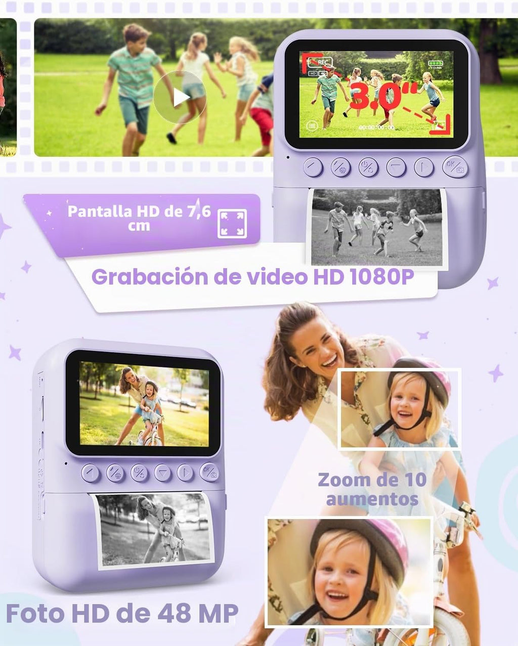 TIATUA Camara Fotos Infantil Instantanea, 3,0'' HD 48 MP Cámara Instantánea Para Niños Con Tarjeta De 32 GB Y 3 Rollos De Papel, Regalo Para Niños Y Niñas De 3 a 12 Años (Morado)