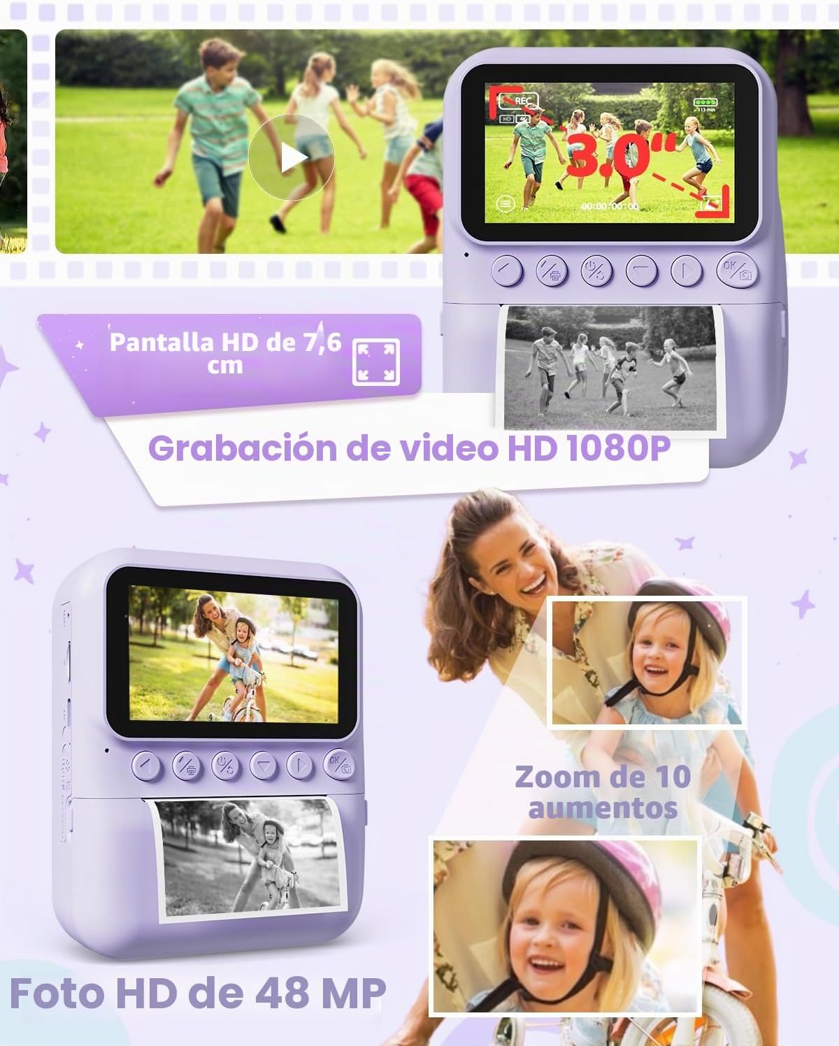 TIATUA Camara Fotos Infantil Instantanea, 3,0'' HD 48 MP Cámara Instantánea Para Niños Con Tarjeta De 32 GB Y 3 Rollos De Papel, Regalo Para Niños Y Niñas De 3 a 12 Años (Morado)