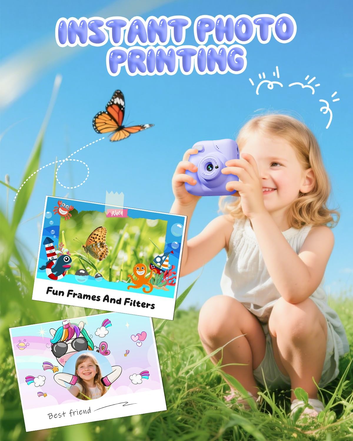 Camara Fotos Infantil Instantanea, HD 1080P Cámara De Fotos Instantánea Con Tarjeta De 32G Y 3 Rollos Papel De Impresión, Regalo Para Niñas Y Niños De 3 a 12 Años