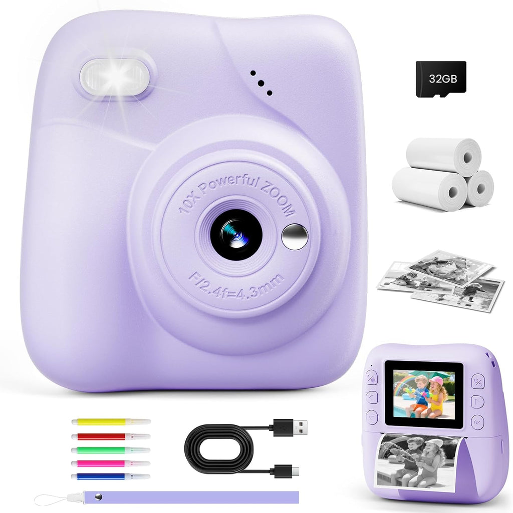 Camara Fotos Infantil Instantanea, HD 1080P Cámara De Fotos Instantánea Con Tarjeta De 32G Y 3 Rollos Papel De Impresión, Regalo Para Niñas Y Niños De 3 a 12 Años