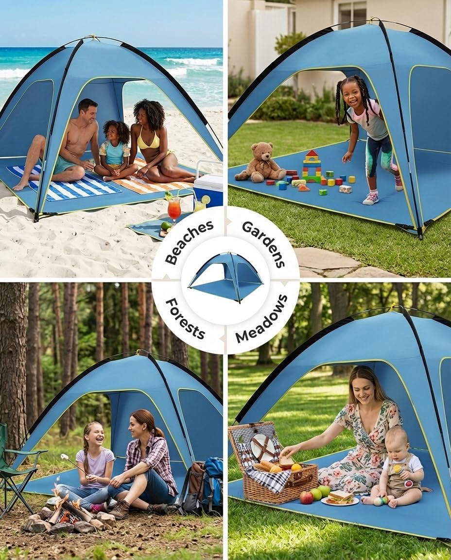MYMULIKE Tienda De Campaña De Playa UV50+ Con Protección Solar, 210 X 210 X 130 Cm, 4 – 6 Personas, Poliéster 190T Con Varillas De Fibra De Vidrio De 8 Mm, Portátil, Con Sacos De Arena/Clavos Para