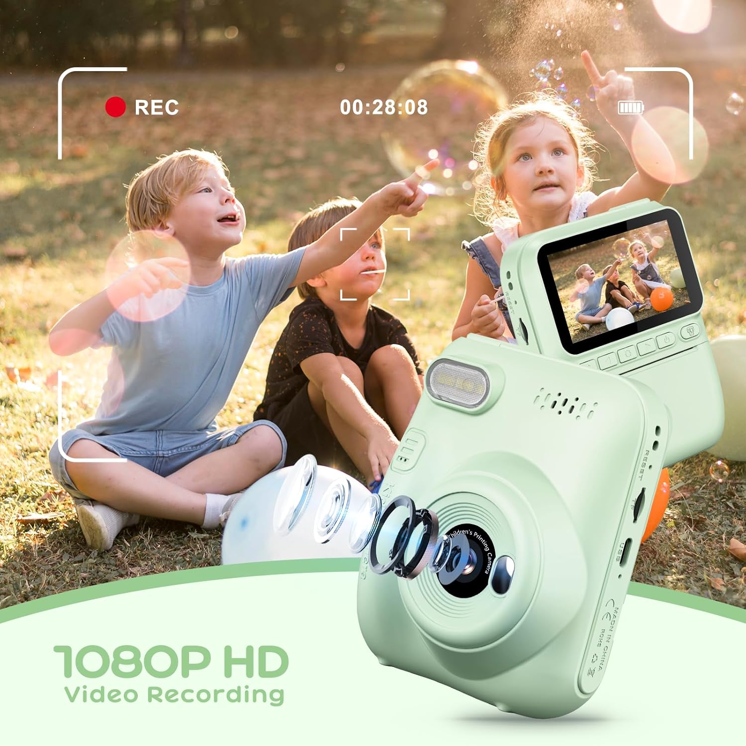 GREENKINDER Camara Fotos Infantil Instantanea,3,0 Pulgadas 14MP Camara Fotos Infantil Con Tarjeta De 32 GB Y Papel De Impresión,Hd 1080P Cámara Instantánea,Regalo De Cumpleaños Para Niños 3 a 12 Años
