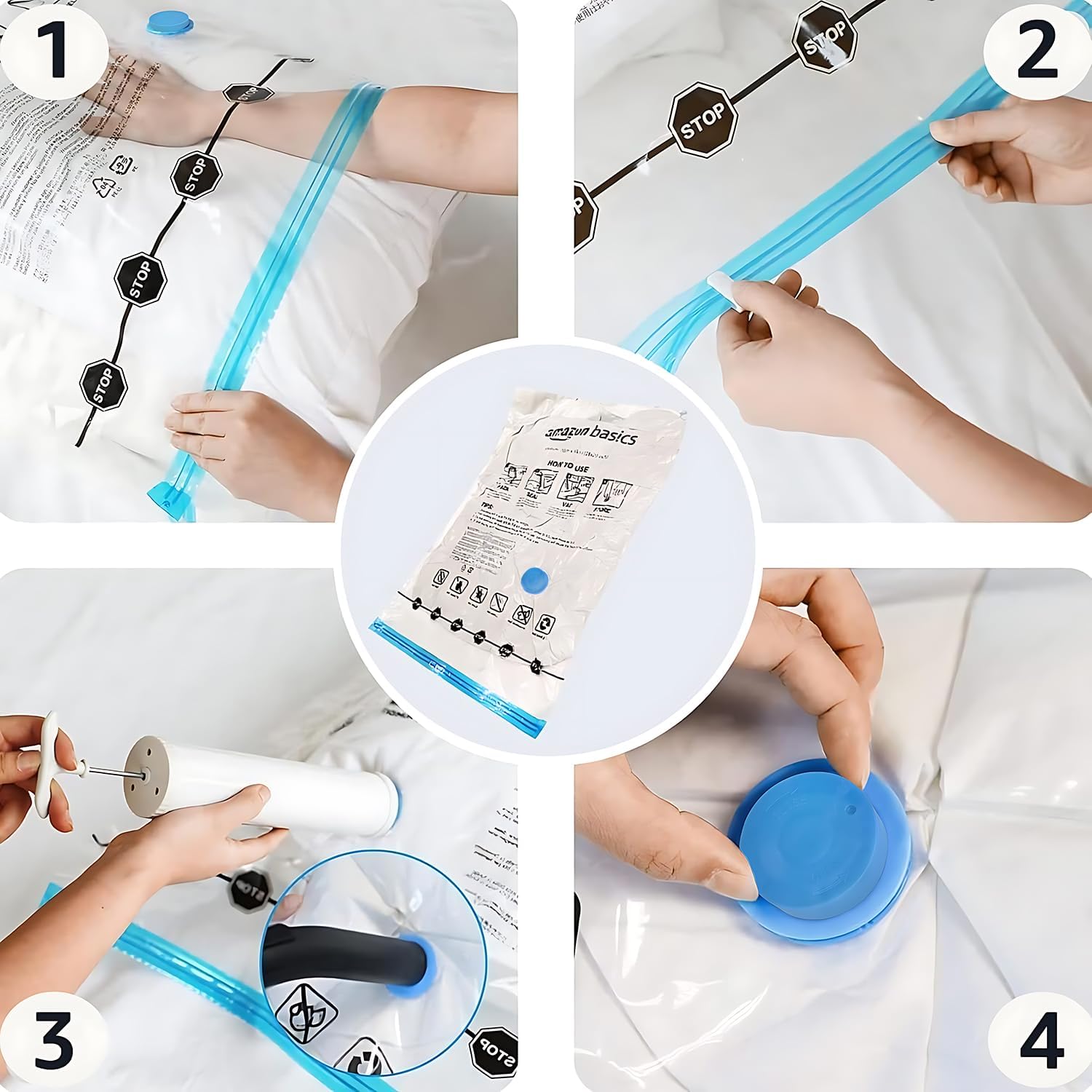 Amazon Basics Paquete De 6 Bolsas De Vacío Para Almacenamiento De Ropa, Incluyen Bomba Manual De Vacío, Con Cremallera, Tamaño Extragrande,Jumbo, Transparente
