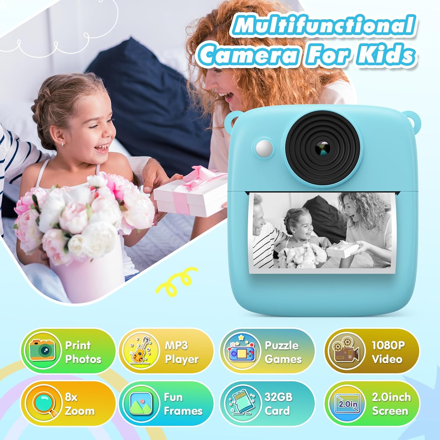 Camara Fotos Infantil Instantanea, 2,0 Pulgada 1080P Cámara De Fotos Instantánea Con Tarjeta De 32 GB Y Papel Fotográfico, Regalos Para Niños Y Niñas De 3 4 5 6 7 8 9 10 Años (Azul)