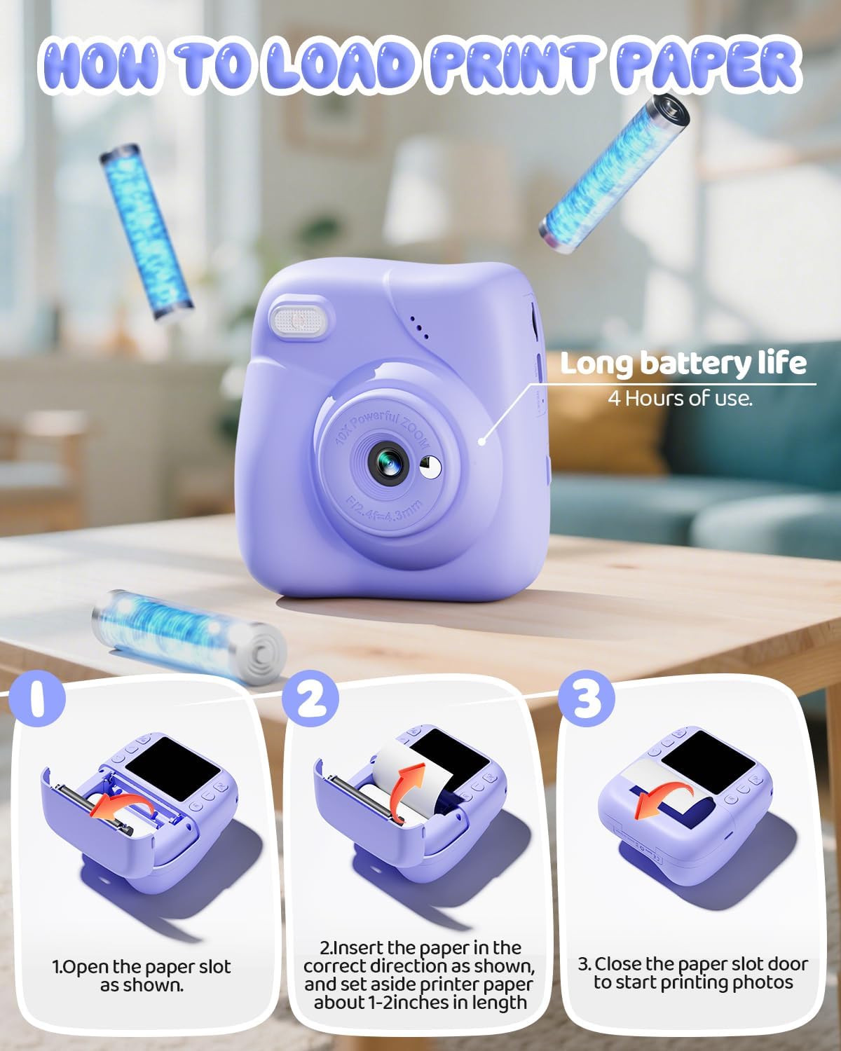 Camara Fotos Infantil Instantanea, HD 1080P Cámara De Fotos Instantánea Con Tarjeta De 32G Y 3 Rollos Papel De Impresión, Regalo Para Niñas Y Niños De 3 a 12 Años