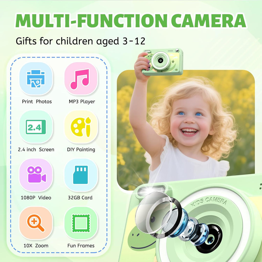 GREENKINDER Camara Fotos Infantil Instantanea,Hd/1080P Cámara Instantánea Para Niños Con Tarjeta De 32GB Y 5 Rollos De Papel Térmico,Camara Fotos Infantil Regalos De Juguete Para Niños De 3 a 12