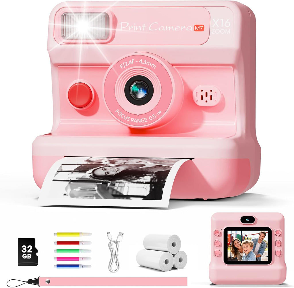 Camara Fotos Infantil Instantanea, HD 1080P Cámara Instantánea Para Niños Con Tarjeta De 32G Y 3 Rollos De Papel, Lentes Dobles, Regalo Para Niños Y Niñas De 3 a 12 Años