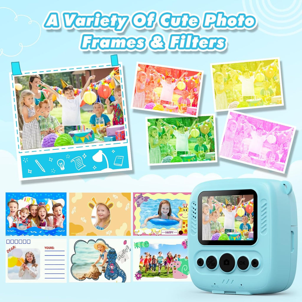 Camara Fotos Infantil Instantanea, 2,0 Pulgada 1080P Cámara De Fotos Instantánea Con Tarjeta De 32 GB Y Papel Fotográfico, Regalos Para Niños Y Niñas De 3 4 5 6 7 8 9 10 Años (Azul)