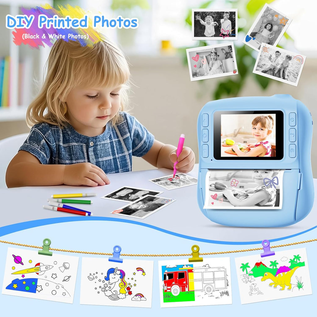 Hangrui Camara Fotos Infantil Instantanea, 1080P Camara Fotos Infantil, Cámara Instantánea Para Niños Con Tarjeta De 32Gb,Papel De Impresión Y Bolígrafos De Colores, Regalos Juguete-Azul